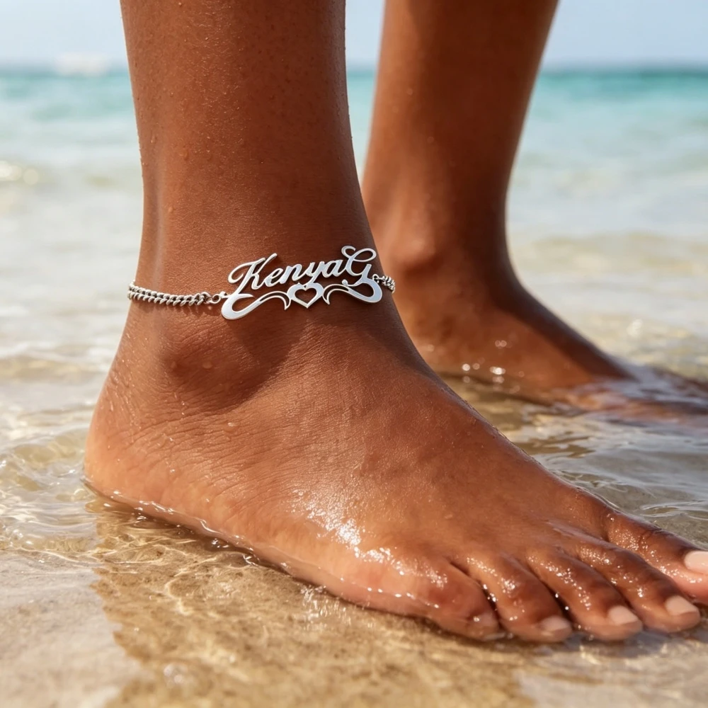 Custom Name Heart Wave Anklet Women Stainless Steel Custom Nameplate Sea Vacation Ankle Bracelet Summer Jewelry Gift For Her
