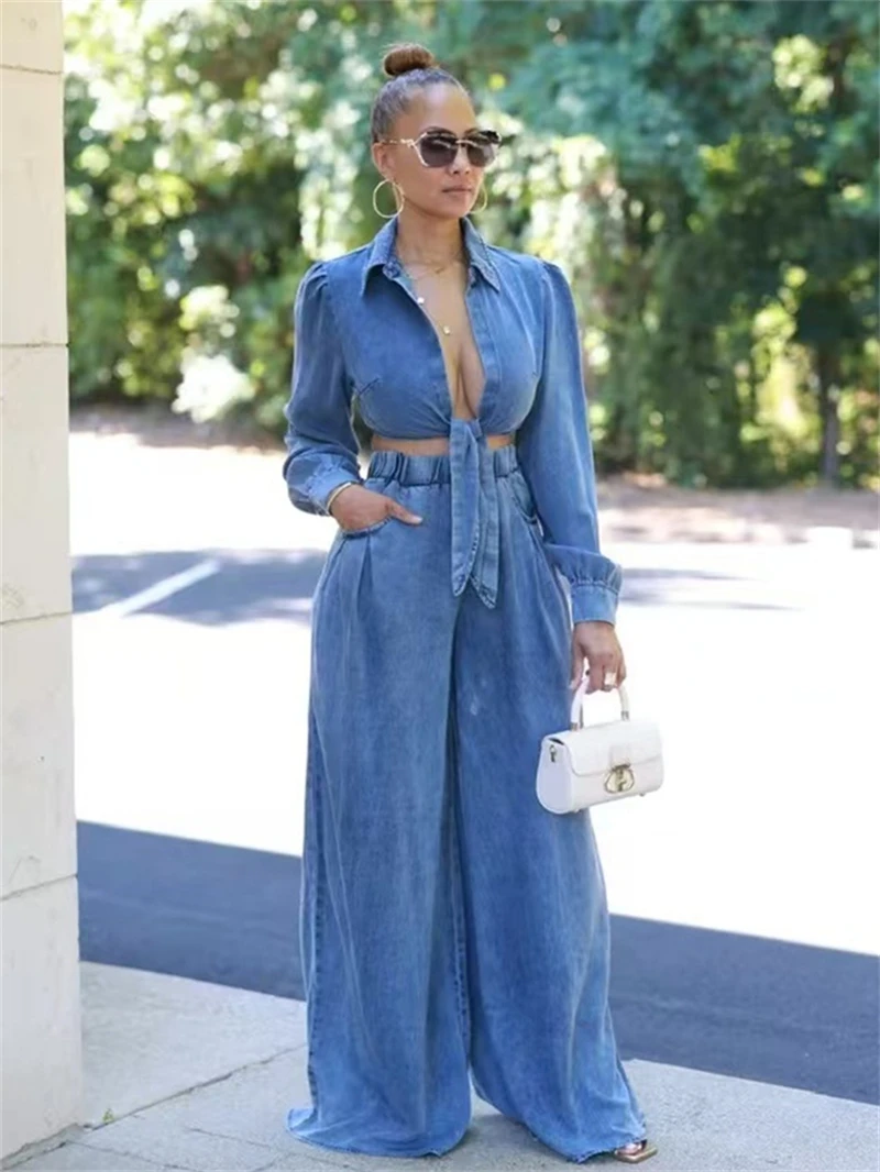 Roupa jeans feminina, camisa com renda, top cropped, calça de perna larga, moletom da moda, roupas de outono, conjuntos 2 pcs, 2024