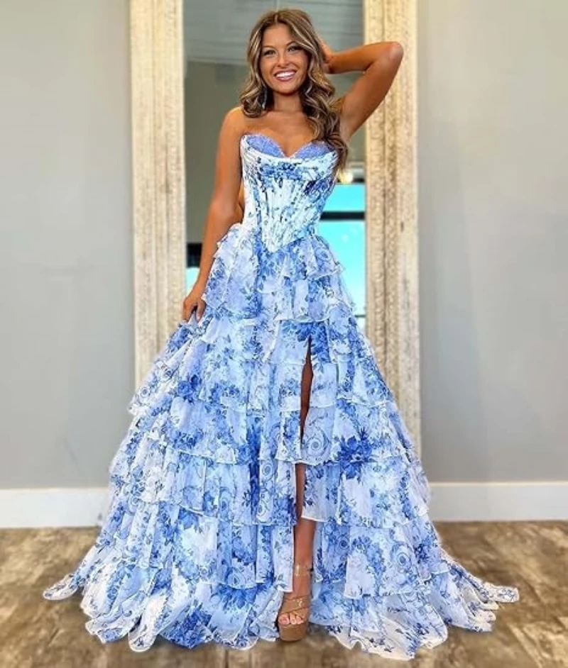 Vestidos de baile em camadas com estampa floral, vestido de baile longo, sem alças, renda de tule, vestidos de noite formais com fenda