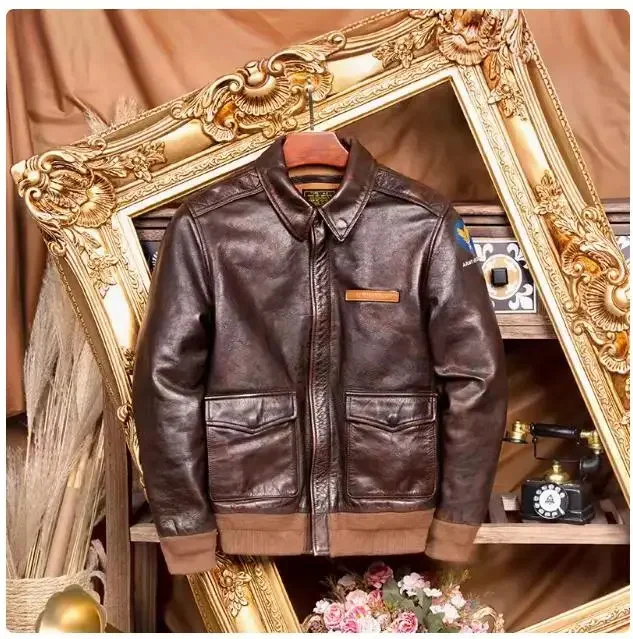 LNY SHop Top.Plus Bomber A-2 style genuine leather jacket.Mens luxury 1.6mm thick calf coat.Vintage casual heavy cloth