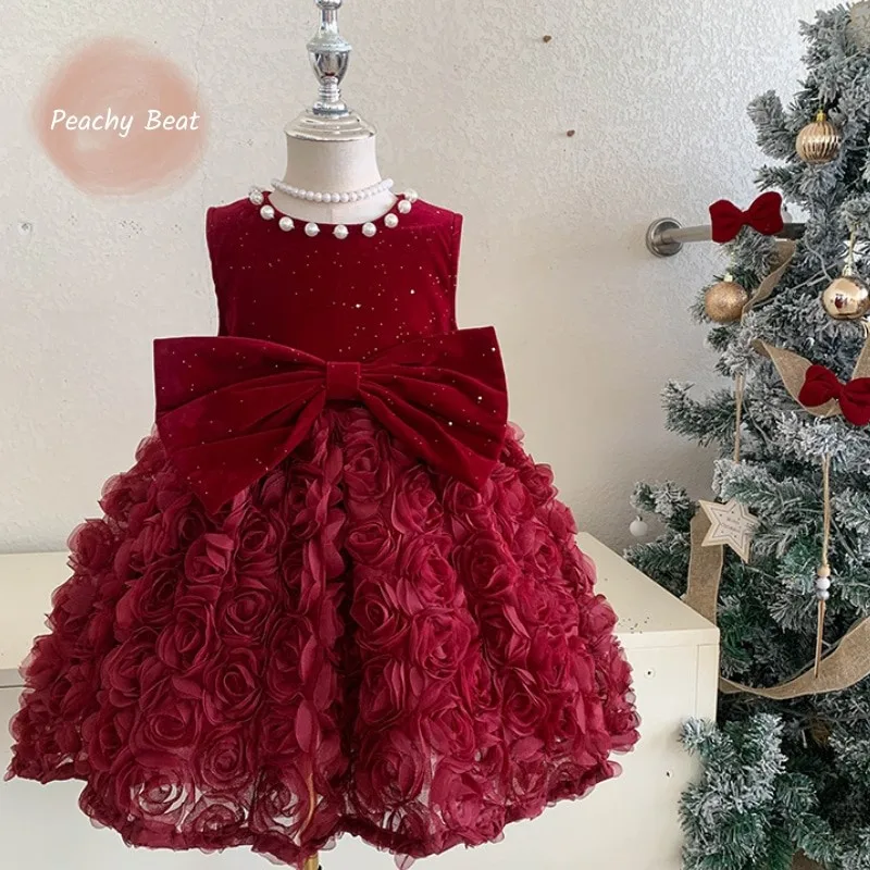 

Baby Girl Princess Flower Bow Tutu Dress Infant Toddler Child Pearl Vestido Birthday Christmas Party Pageant Baby Clothes 1-5Y