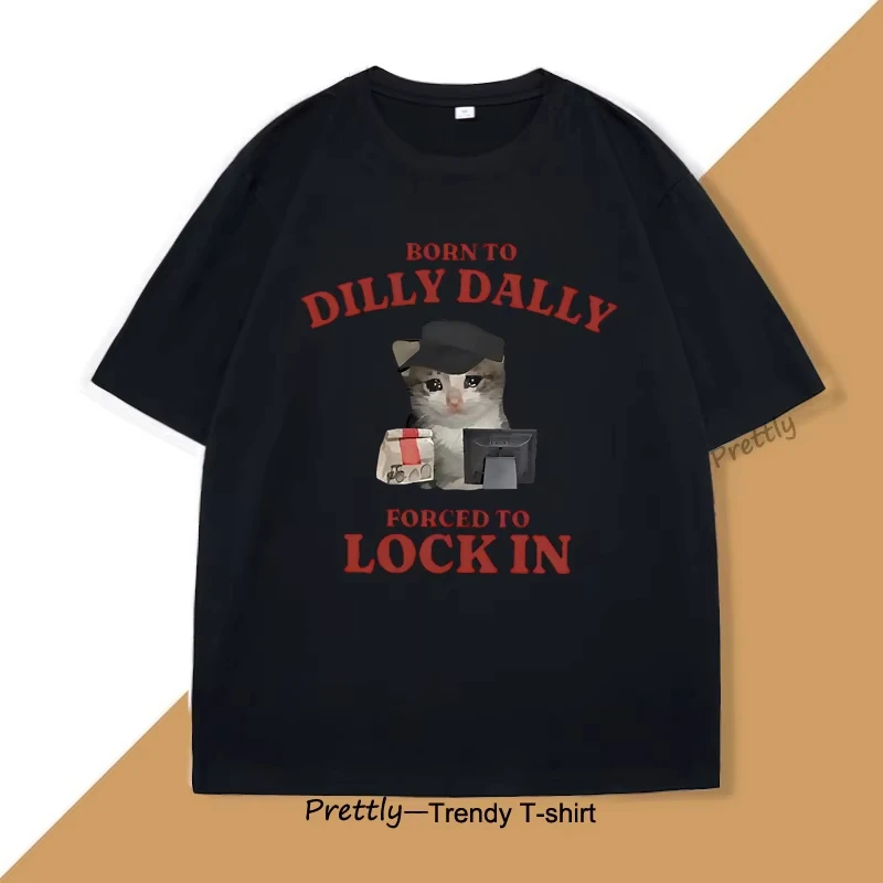 

Sad Cat Cashier T Shirts for Men Women Funny Born To Dilly Daily Forced To Lock in Work T-shirt Cotton Short Sleeve Tees Clothes