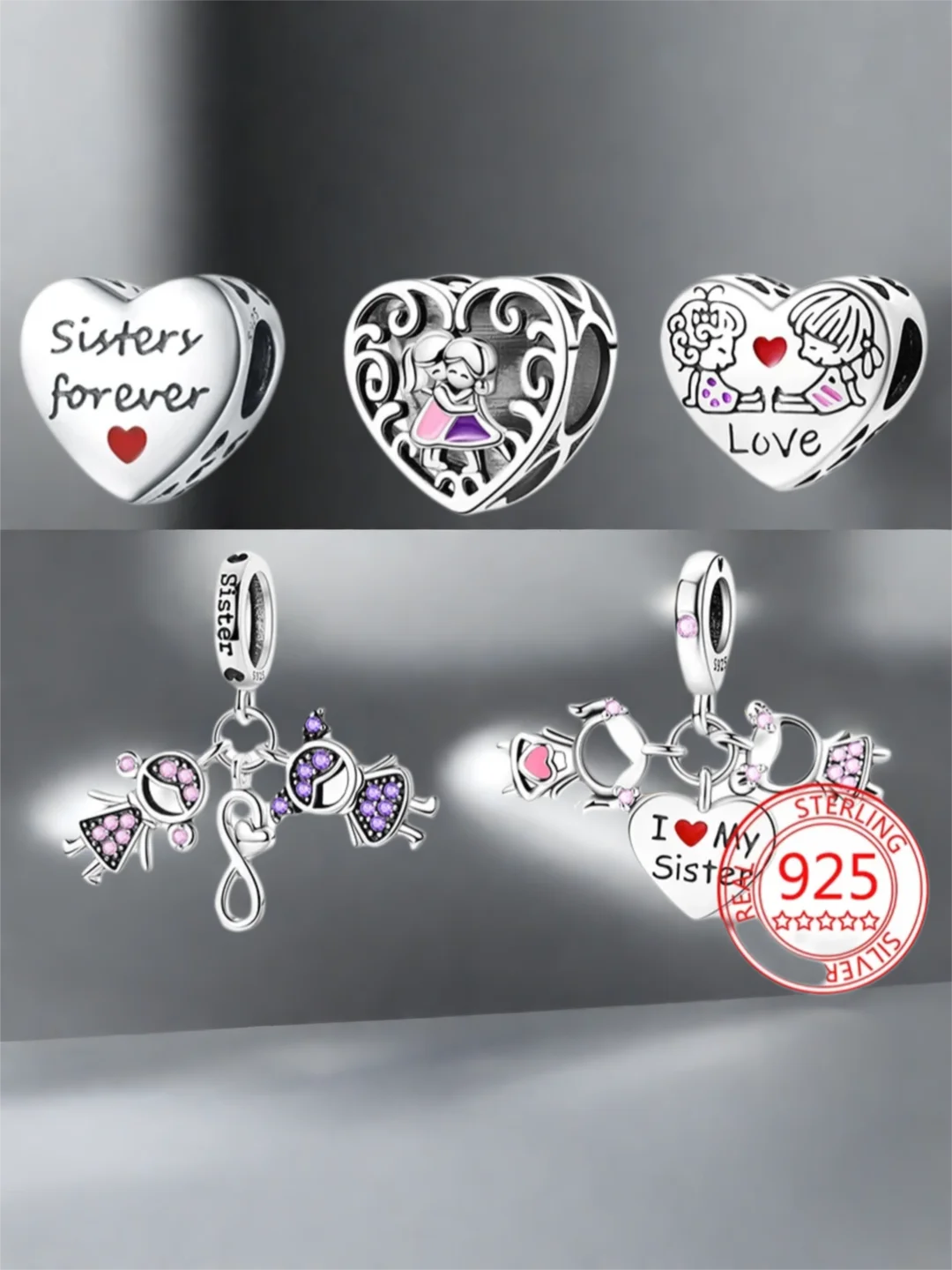

Anniversary Charms Silver 925 Pink Sister Love Heart Beads Fit Original Bracelets Beads Charms Jewelry Making Fine Jewelry Gift