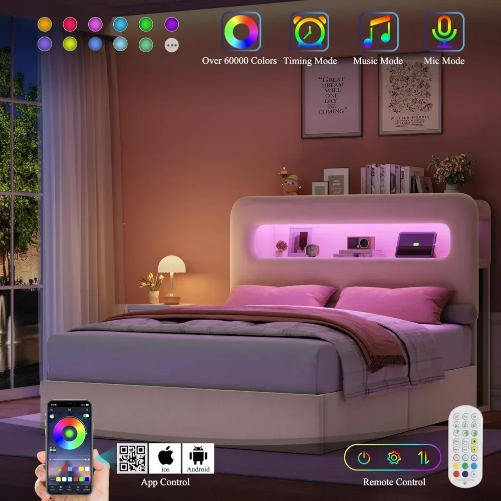 LED Queen Bed Frame with Storage Headboard & Charging Station，4 Drawers and USB Ports，No Box Spring Needed，Velvet Bed Frame