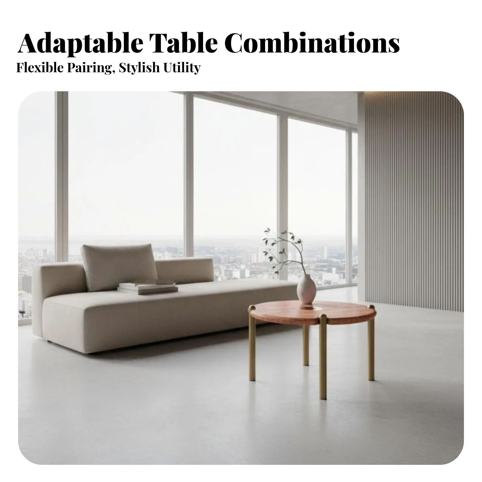 

Round Coffee Table with Cut-Carved Pedestal Italian Inspired Living Room Furniture Minimalist Design Sculptural Base