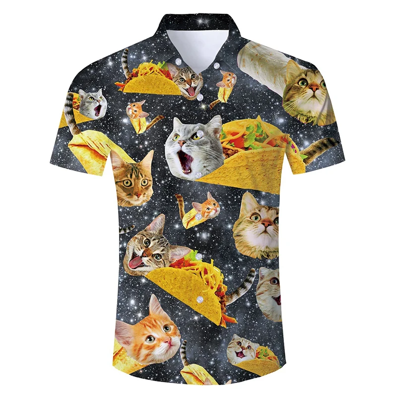 Camiseta casual masculina de botão, padrão engraçado de gato impresso em 3D, camiseta manga curta, tops grandes, camisa de praia, estilo havaiano