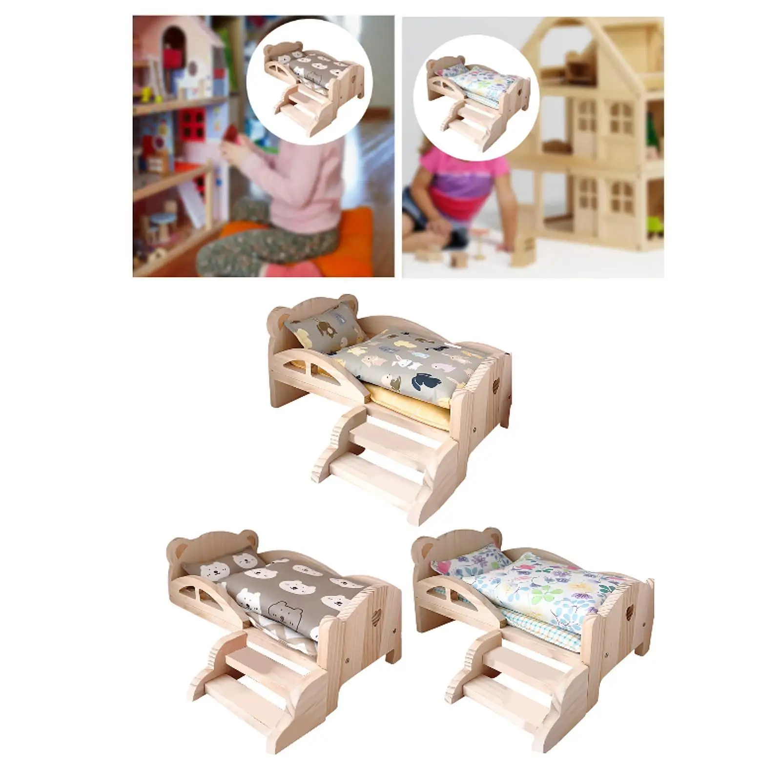 1/12 Wooden Doll Miniature Bed Cartoon Simulation for Dollhouse Decoration