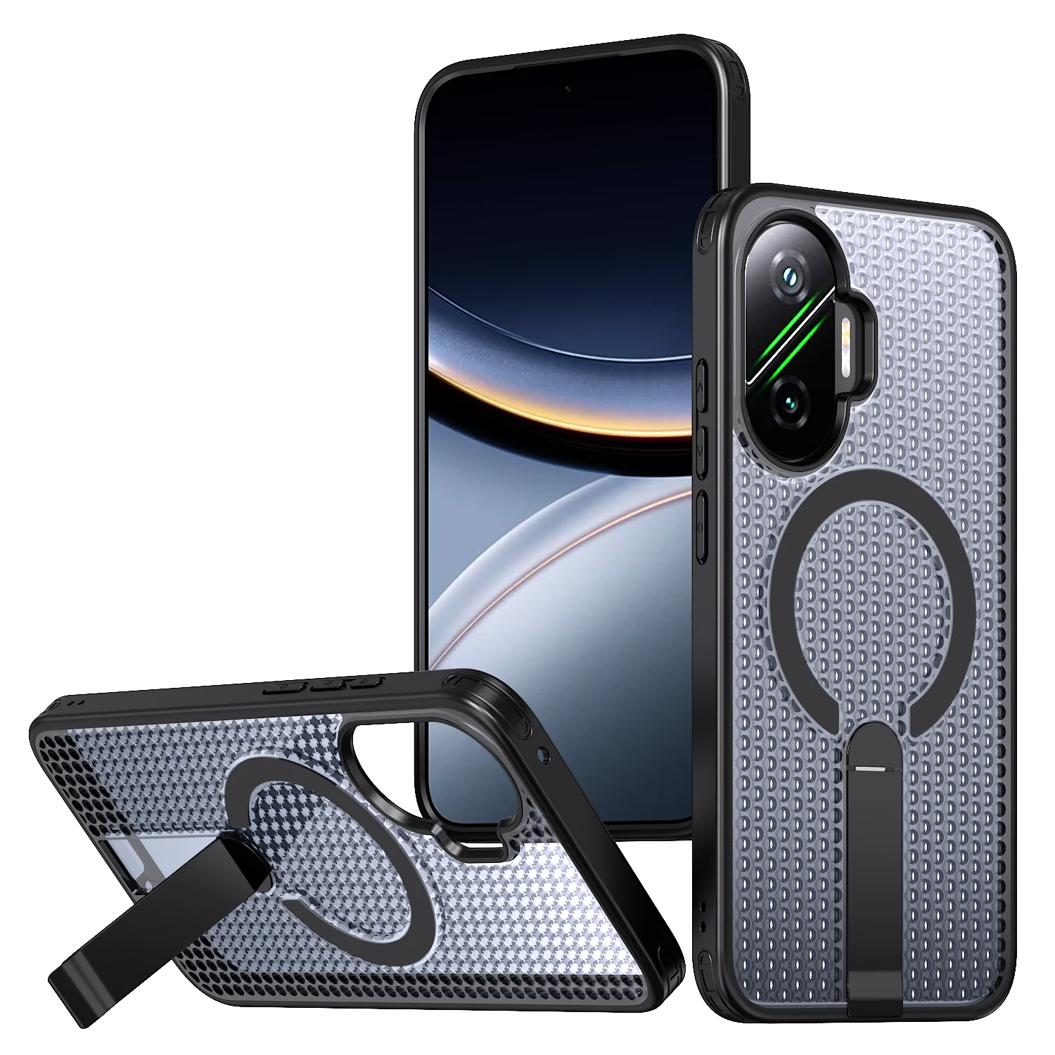 Armadura magnética caso de telefone para xiaomi poco f7 redmi turbo 4 pro design buraco resfriamento suporte metal tpu quadro acrílico capa traseira
