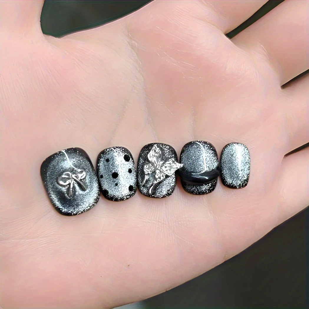 10 قطع اليدوية الصحافة على مسمار الفن مع القوس المعدني فضي رمادي القط العين بريق سلم قصير التغطية الكاملة مسمار نصائح للنساء