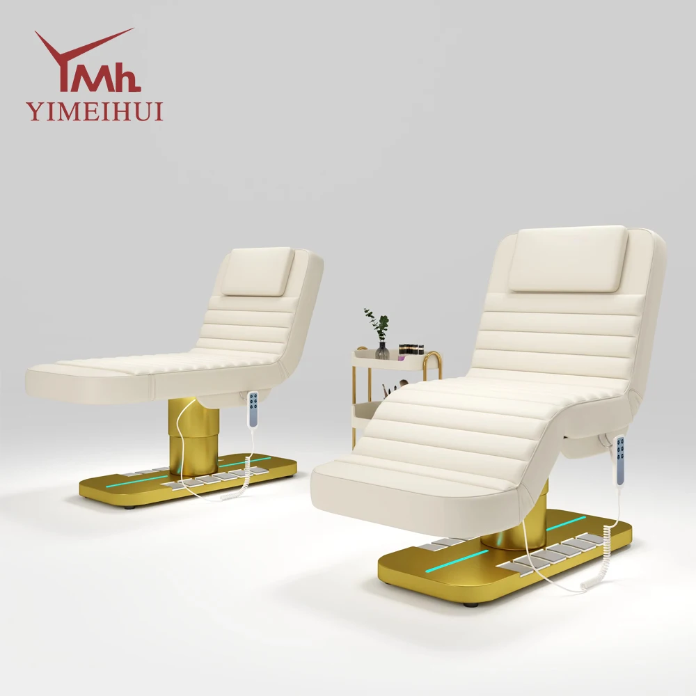 Cosméticos de luxo moderno ouro branco salão de beleza móveis 3 motor elétrico beleza facial massagem cama cadeira facial spa chicote cama