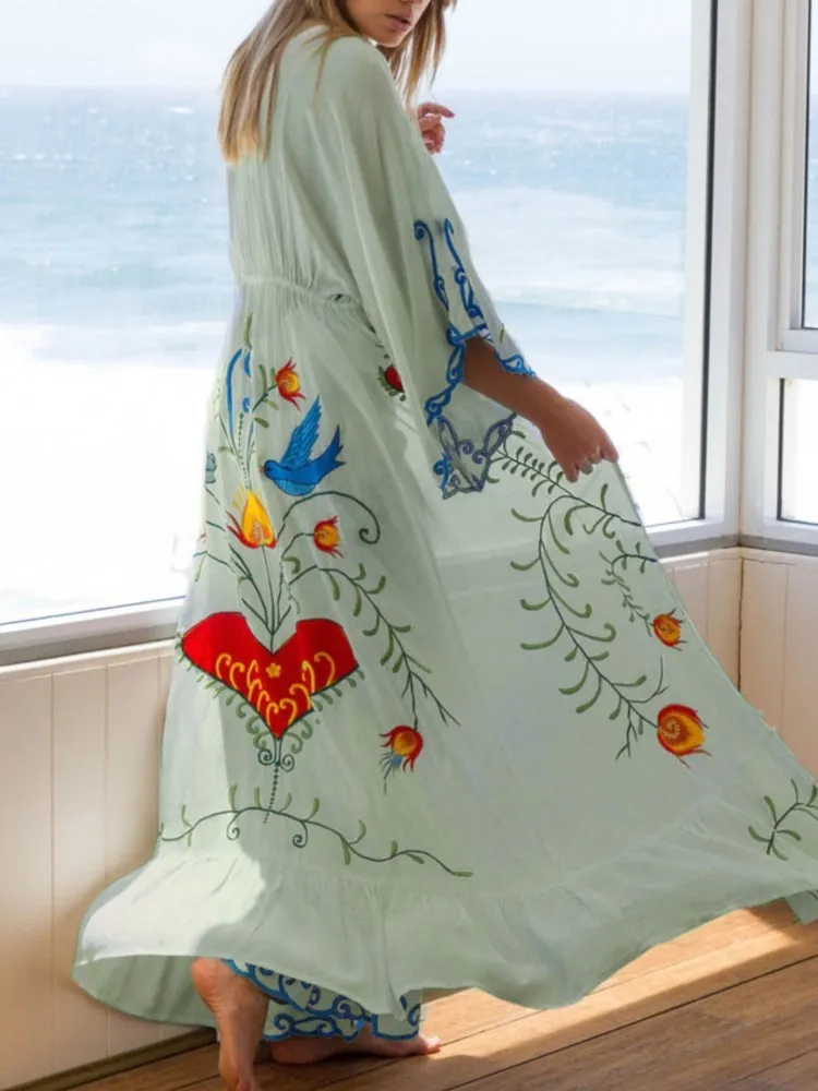 Floral Embroidered Women Maxi Dress Oversize V-Neck Batwing Sleeve Summer Dresses Drawstring Waist Boho Beach Vestidos 2025