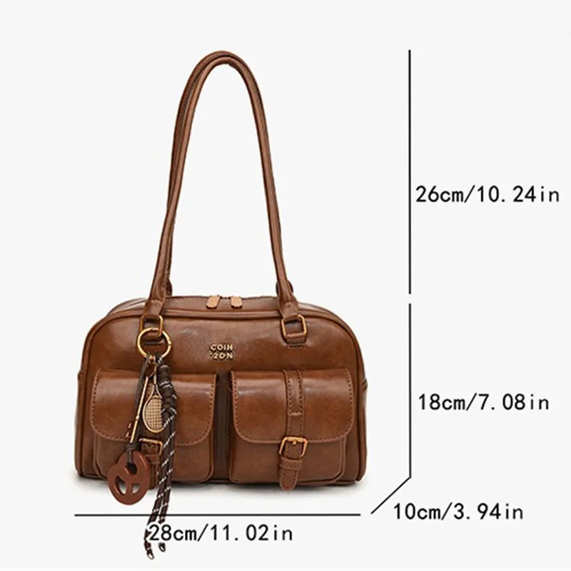 1 قطعة حقيبة كتف نسائية ريترو بلون حقيبة يد جلدية مع جيوب متعددة سعة كبيرة تأتي مع ملحق قابل للفصل