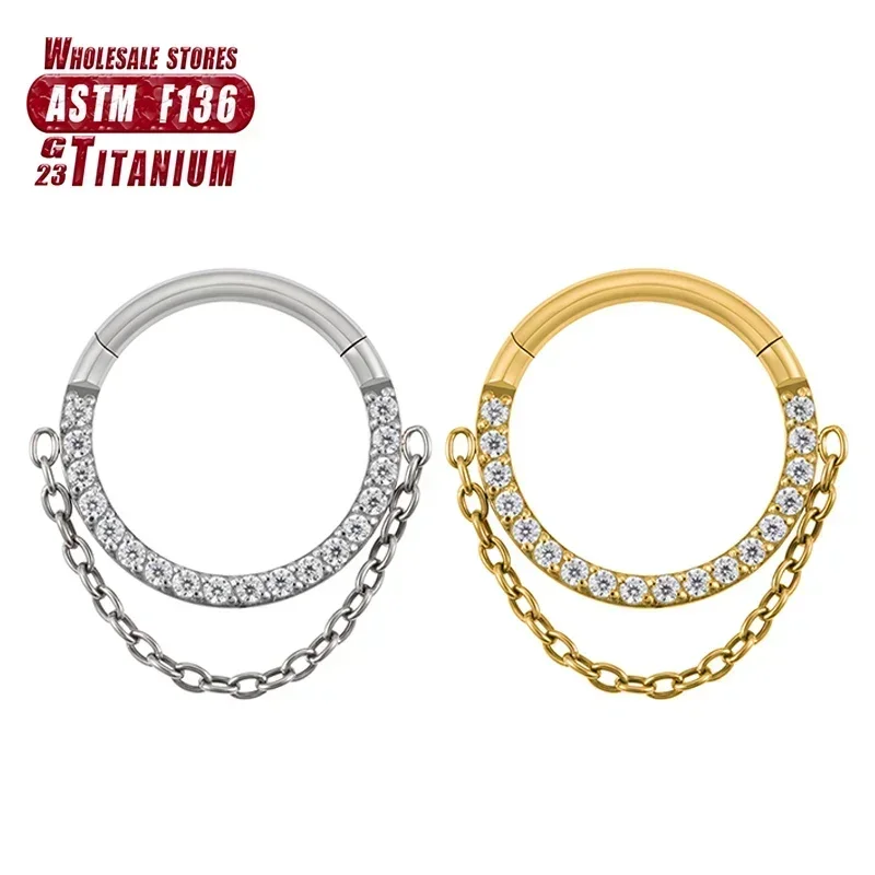 F136 Titanium Piercing Septum Chain Nose Ring16G Daith Clicker Hinged Sectiont Zircon Cartilage Tragus Earrings Body Jewelry