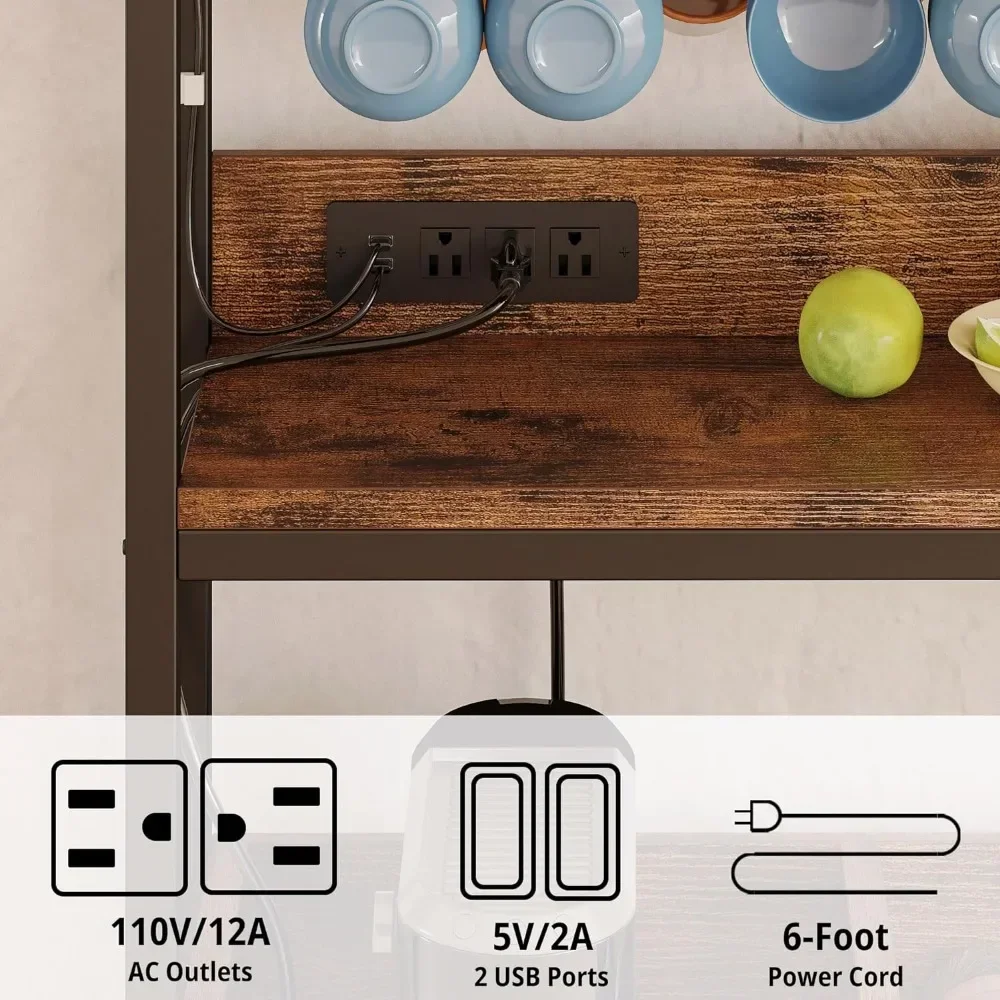 Szafka kawowa z gniazdem elektrycznym, przemysłowa szafka bufetowa z taśmą LED i uchwytem na szkło, 3-poziomowa szafka na alkohol