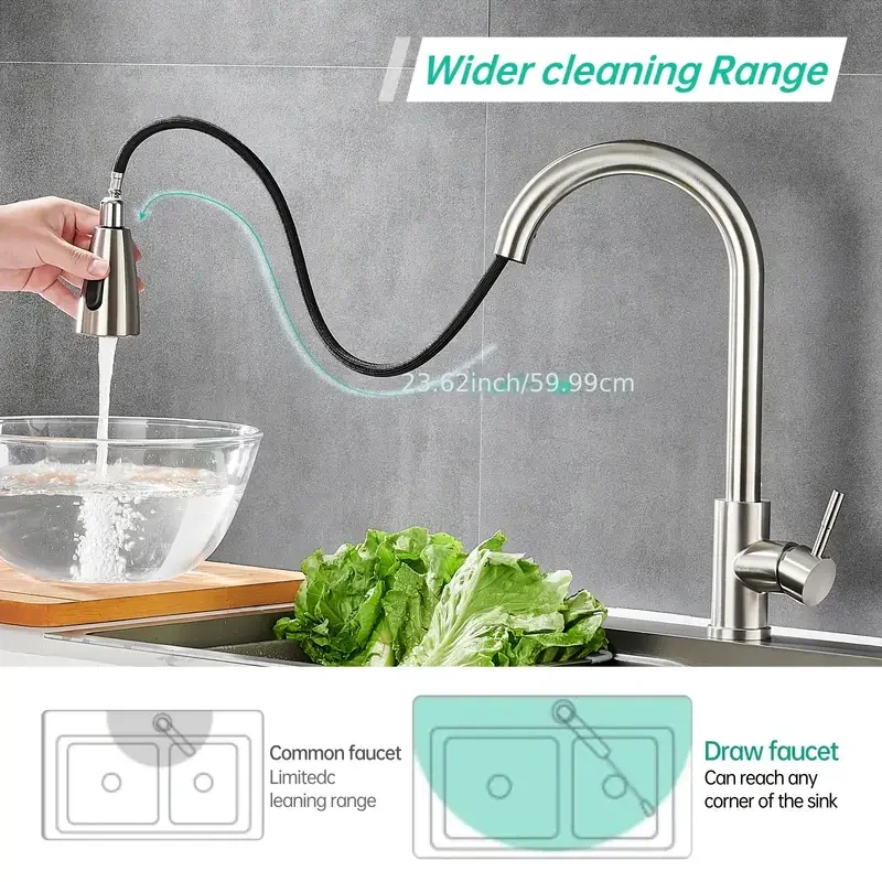 Modern Stainless Steel Pull-Out Kitchen Faucet - Sleek Design with Dual Water Outlets, 360° Rotatable & Retractable, Hot & Cold