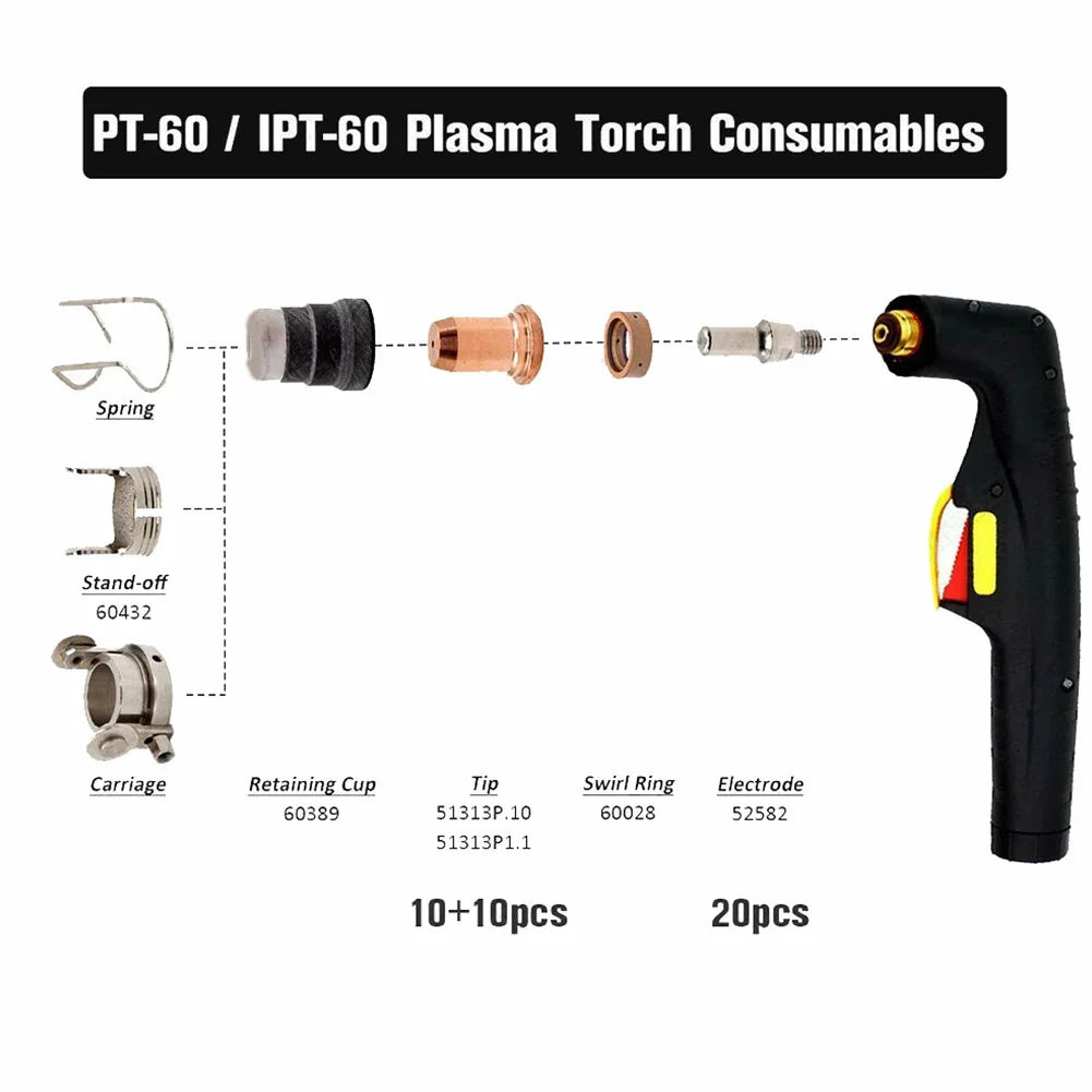 40pcs Plasma Tips 1.0mm 1.1mm Electrode 52582 For IPT-60 PT60 PT40 IPT-40 Torch WS OEMed Plasma Cutting Consumables