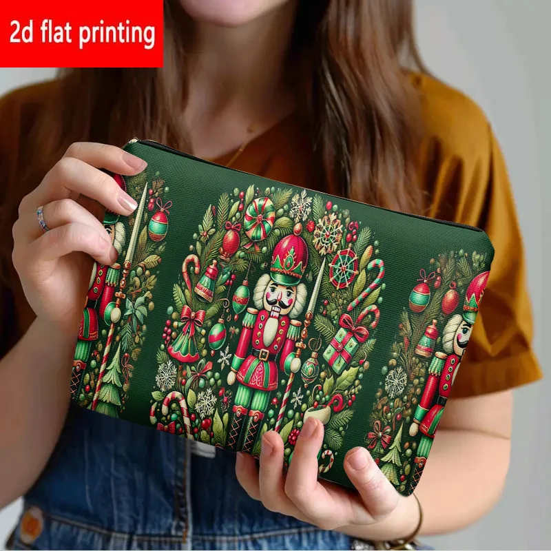 Nutcracker Christmas Canvas Cosmetic Bag Candy Cane Ornament Print Zipper Pouch Travel Makeup Storage Bag Holiday Gift