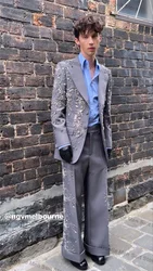 Crystals Grey Men Suits Set 2 Piece Blazer+Pant Prom Wedding Tuxedos Cotton Coat Outfit Customized Formal Office Jacket Trousers