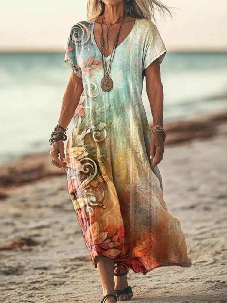 Boho Print Dress For Women  Summer Casual V Neck Short Sleeve Long Dresses Fashion Vacation Loose Beach Women's Vestidos