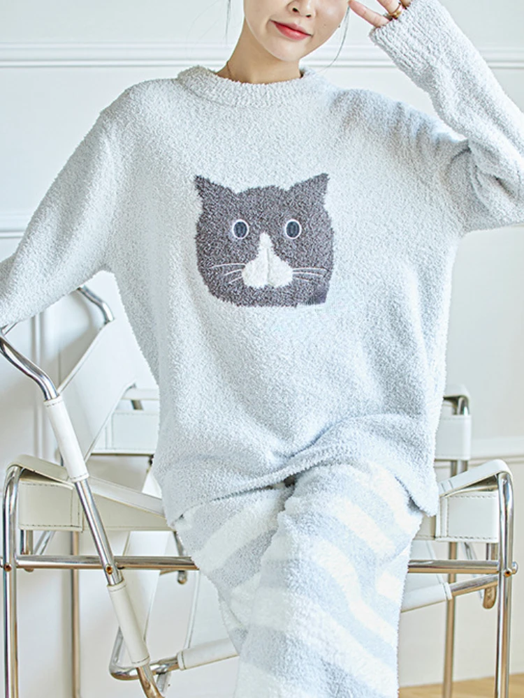 Japanese Fall Winter Warm Pajama Sets Cute Cat O-neck Pullover Tops + Loose Striped Tousers Sleepwear Women Casual Homewear Suit