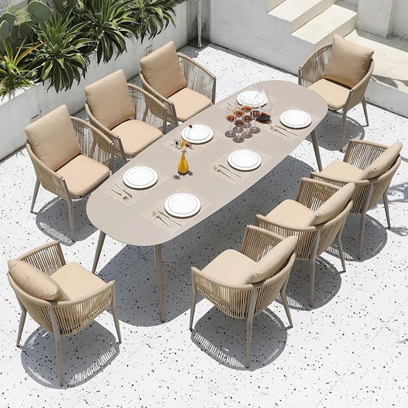 Luxury outdoor furniture wood rattan dinning table set Factory Customized Aluminum Patio 6/8 Seat