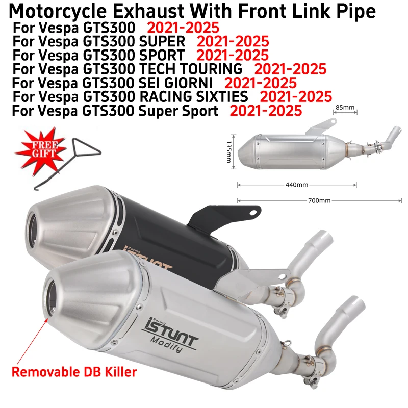 Slip-On Auspuffanlage für Piaggio Vespa GTS300 GTS 300 2021 - 2025 Motorrad Auspuffrohr Espace Moto Schalldämpfer Abnehmbarer DB Killer
