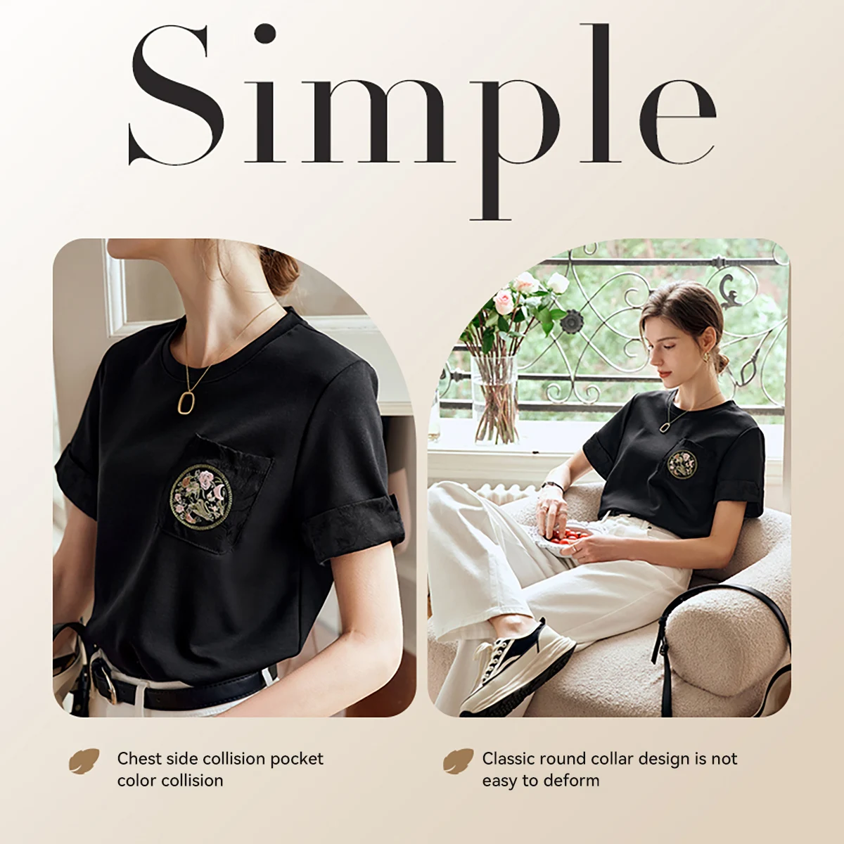 ‌OLrain Women Short Sleeve Black T-Shirt Cotton 2025 Embroidery Casual Elegant Simple Summer Tops for Female Clothes O24XT88560