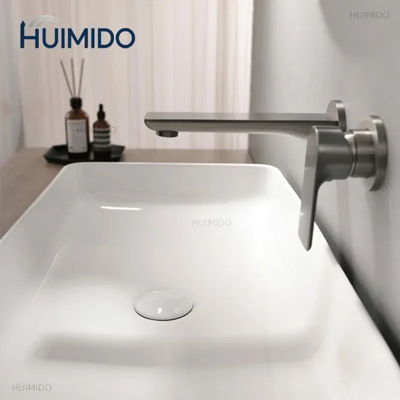 59# Brass Single Handle Two Hole Wall Mounted Bathroom Basin Faucet with Embedded Box Hot Cold Mixer Tap Gun Grey Basin Faucet