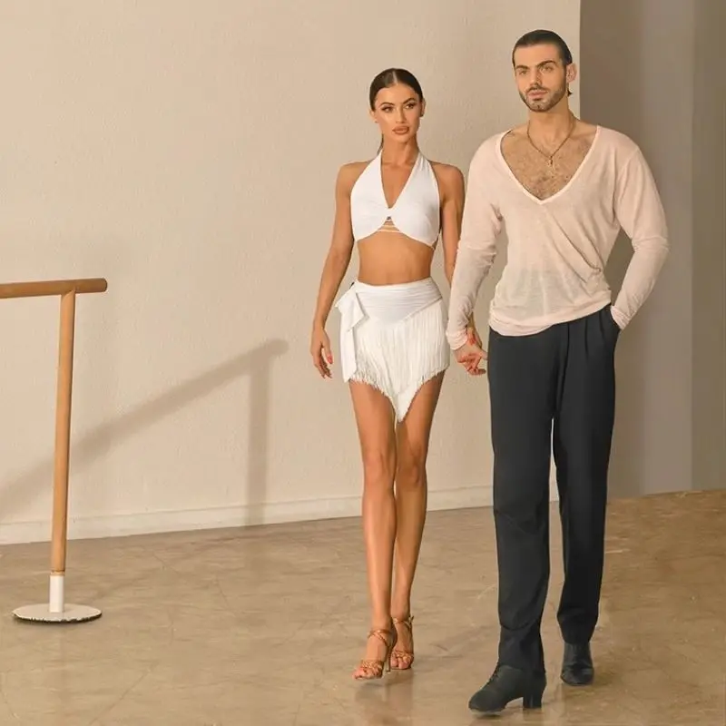 Jupe chaîne à franges pour danse latine, Mini short à franges, noir et blanc, vêtements d'entraînement de danse latine avec bretelles réglables