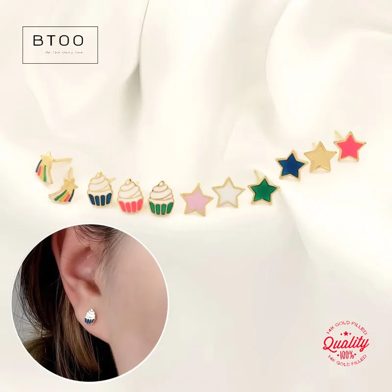 

Серьги-гвоздики с розовой звездой из 14-каратного золота, эмалированная звезда-стрелялка, милый детский дизайн кекса, модные ювелирные аксессуары