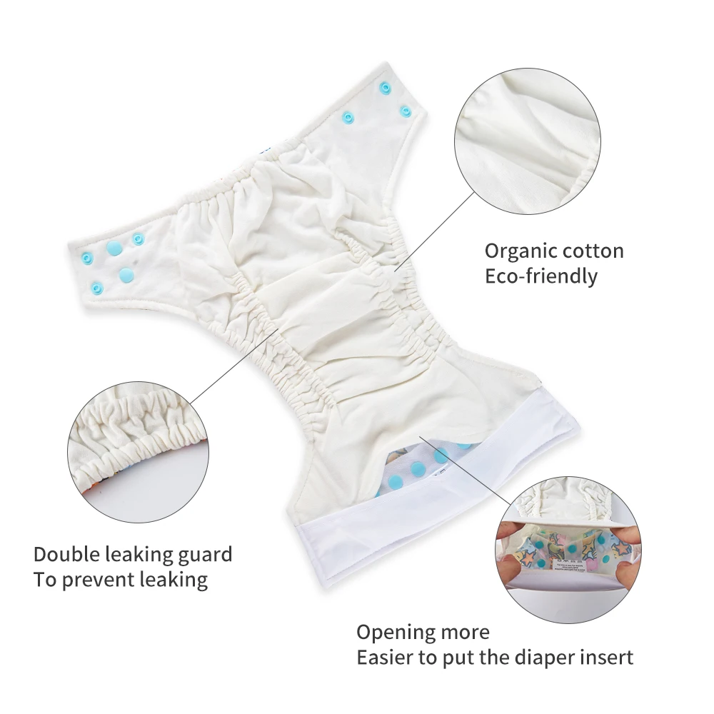 HappyFlute Eco-Friendly 3-15kg Organic Cotton Inner Double Leaking Guard Pocket Baby Cloth Diaper Nappy