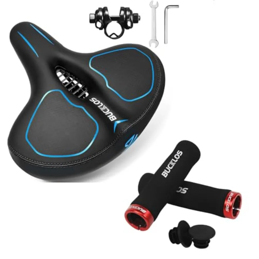 

Comfortable Bike Seat Cushion Wide Black Saddle and Sponge Handlebar Single Lock on Bike Grips-Blue