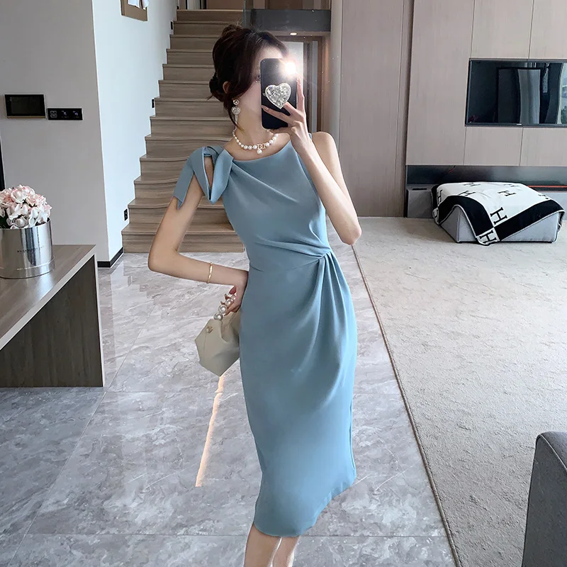 Elegant Formal Dresses Plain Bow Sleeveless Vest Long Midi Pencil Dresses 2023 Summer Slim Bodycon Party Club Dress