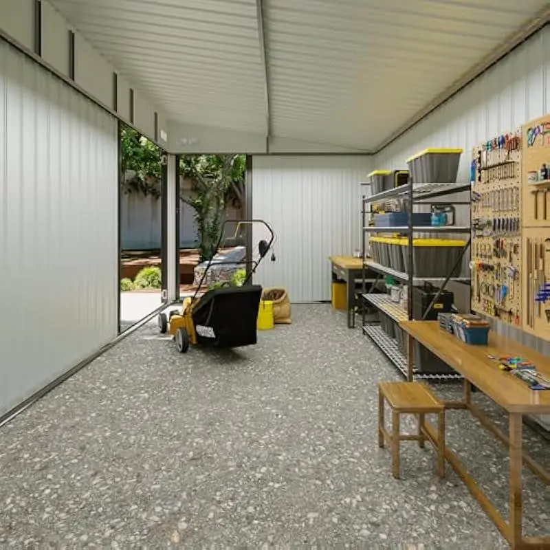 8 ft x 12 ft heavy-duty galvanized steel utility shed with triple access doors vertical storage layout sloped roof ventilation s