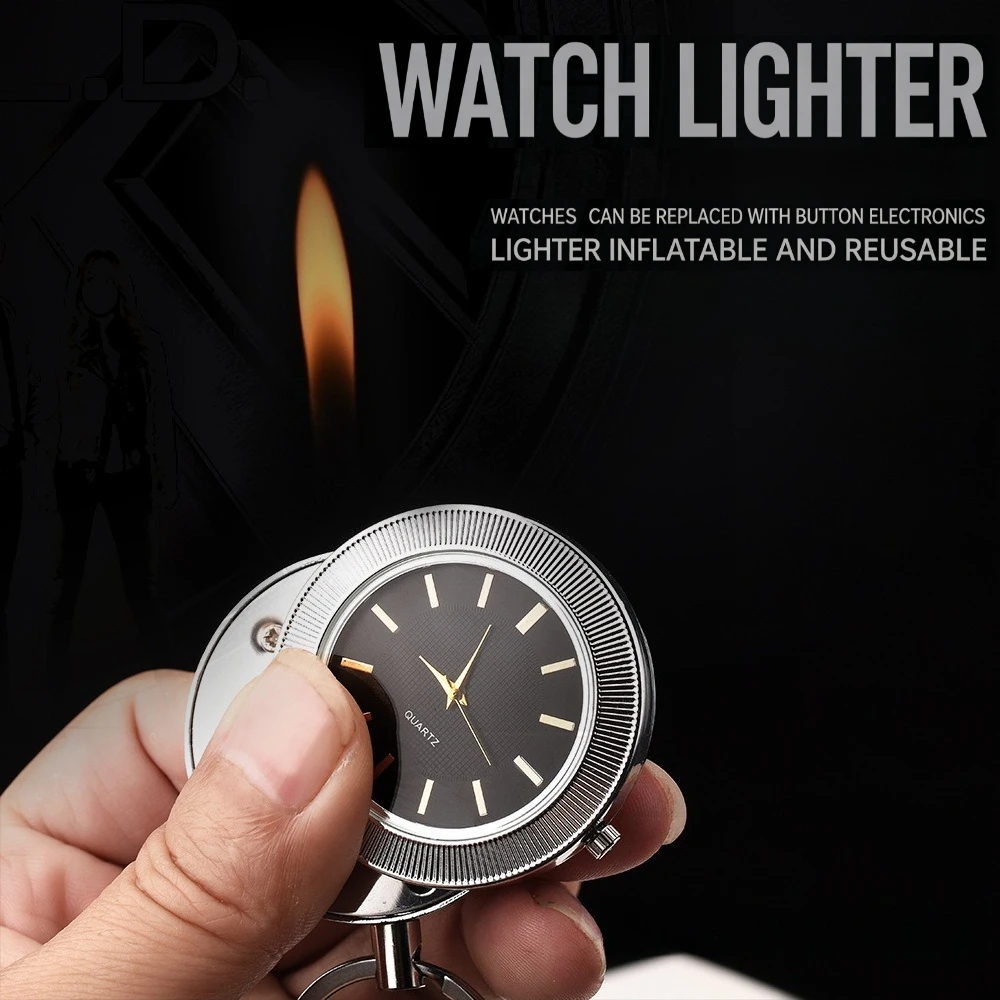 2026 New Creative Watch-Shaped Lighter Working Clock & Refillable Gas Soft Flame Lighter Zinc Alloy Novelty Lighter with Keyring
