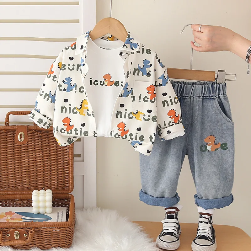Autumn Boys Dinosaur Print Suit Set Korean Style 3-Piece Outfit with Letter Shirt&T Shirt &Jeans Casual Clothes for Kids 4