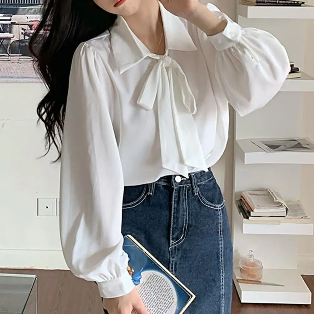 White Shirt Tie Bow Lapel Long Sleeves Women Shirt Casual Lantern Sleeve Autumn Shirt Blouse Female Clothing Women Commute OL