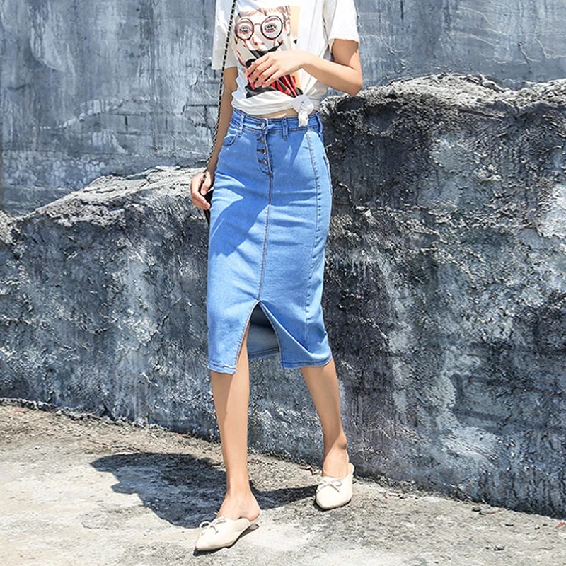 Dames Knoop Stijl Wrap Heup Slanke Denim Rok Mode Mid Length Heup Rokken Voor Dames