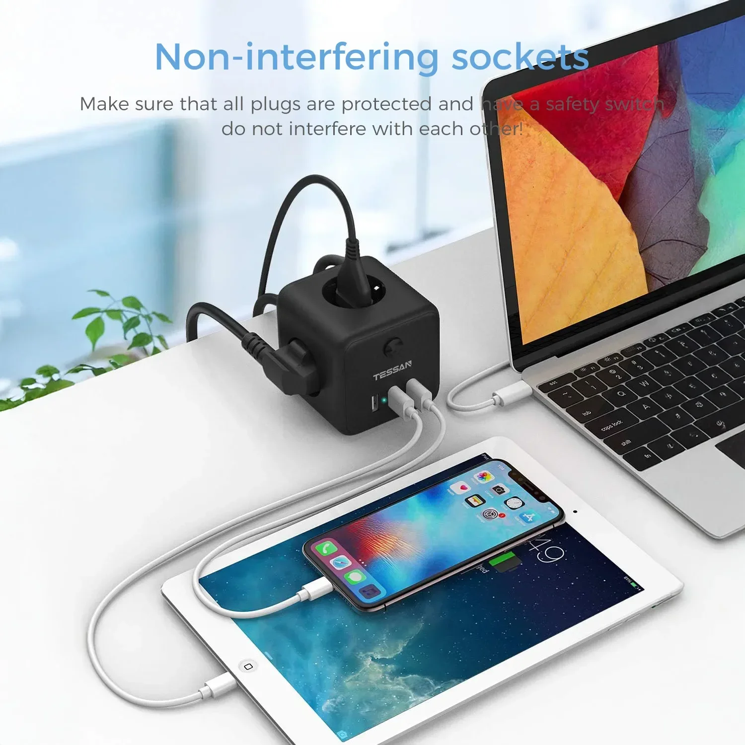 شريط طاقة مكعب من تيسان مع محول موسع مقبس توصيل الاتحاد الأوروبي مع 3 منافذ و3 منافذ شحن USB مع كابل 1.5 متر للمنزل