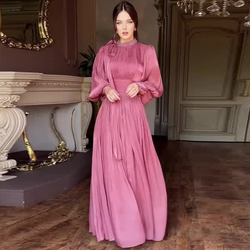 우아한 새틴 파티 롱 드레스 여성 2025 여름 패션 솔리드 컬러 긴팔 하이웨이스트 레이스업 맥시 드레스 캐주얼