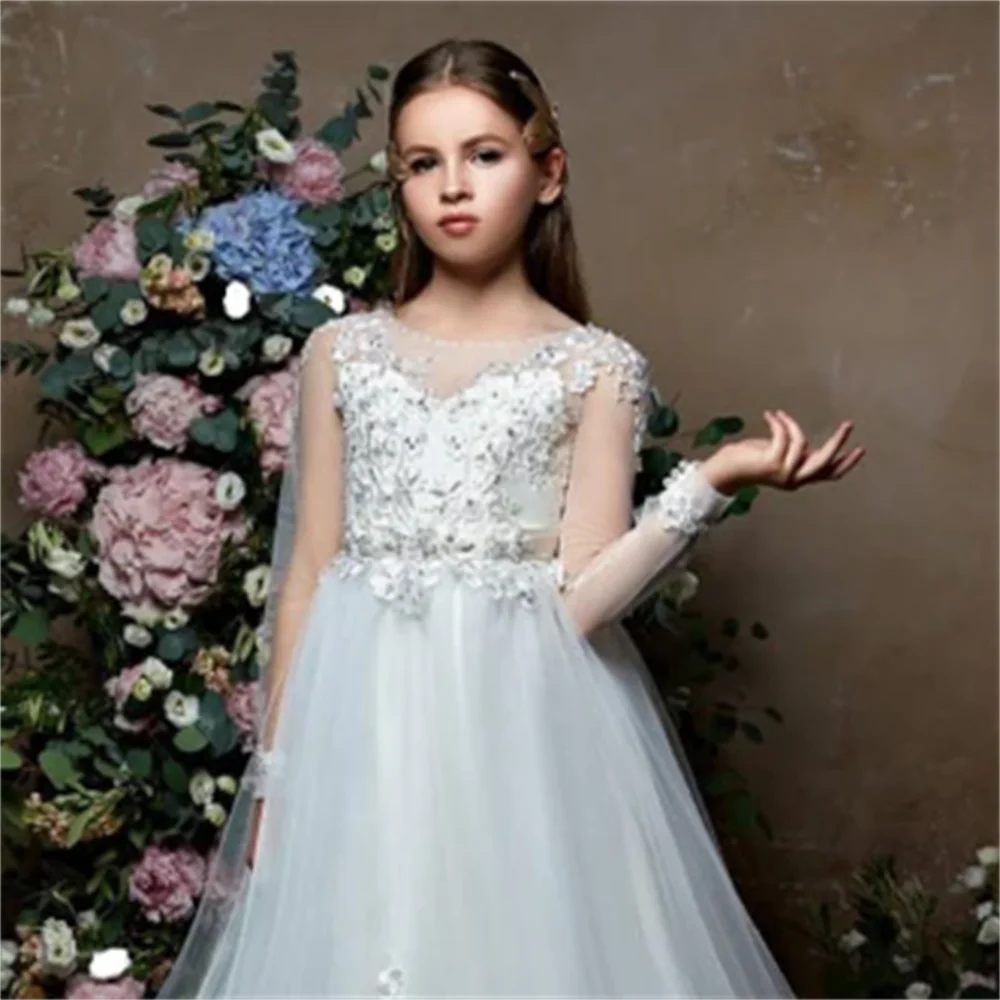 

White Long Sleeve Flower Girl Dresses for Weddings Elegant Princess Kids Tulle Ball Gowns First Communion Pageant Evening Party