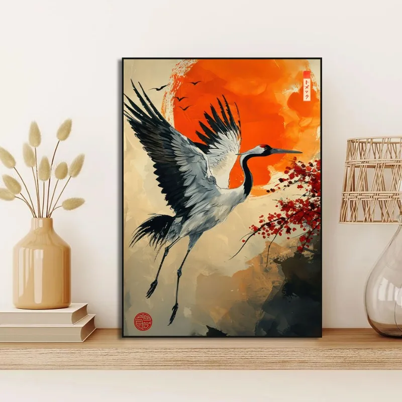 Vintage Japanese Style Yellow Crane Flying Birds Flower Sun Art Posters Canvas Painting Wall Prints Pictures Room Home Decor