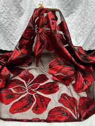 Fuchsia 아프리카 자카드 브로케이드 럭셔리 원단 꽃 오간자, 얇은 명주 그물 메쉬 레이스 프렌치 그물 원피스 소재 브로카드 티슈 5 야드 CJ13