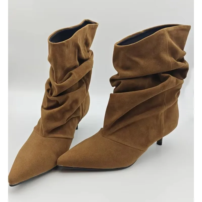 Eilyken Winter Pleated Knee High Boots Women Retro Pointed Toe Kitten Heels Boots Designer Comfortable Light Botas Mujer image 3