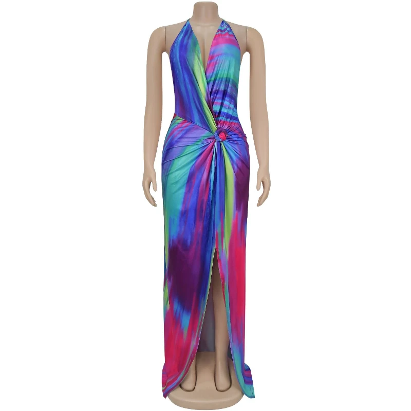Women's Summer Sleeveless Backless V-Neck Long Maxi Dress Street Ruched Women Gradient Print Party Night Evening Vestido Dresses