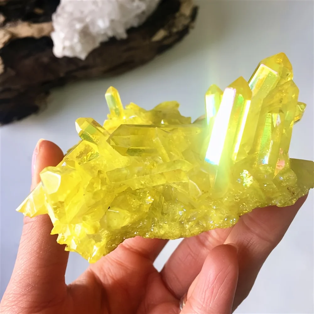 1PC Aura Yellow Crystal Cluster - Irregular Shape Electroplated Stone, Crystal for Home Decor, Unique Gift for June Birthdays,