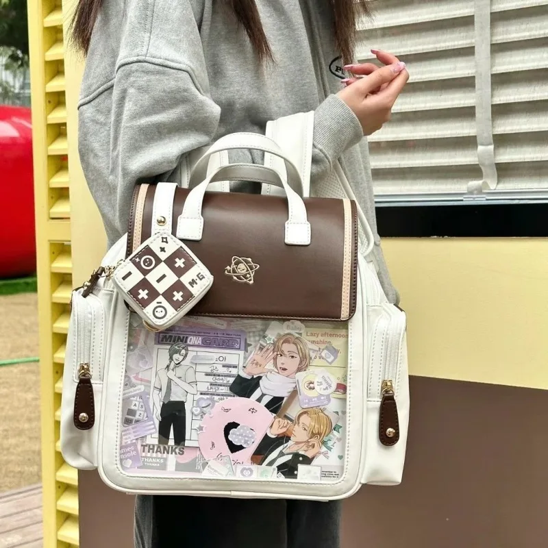 Y2K Cute Vintage Aesthetic Ita Backpack Women Large Capacity PU Student Rucksack JK Girl Transparent Bag Fashion Preppy Knapsack