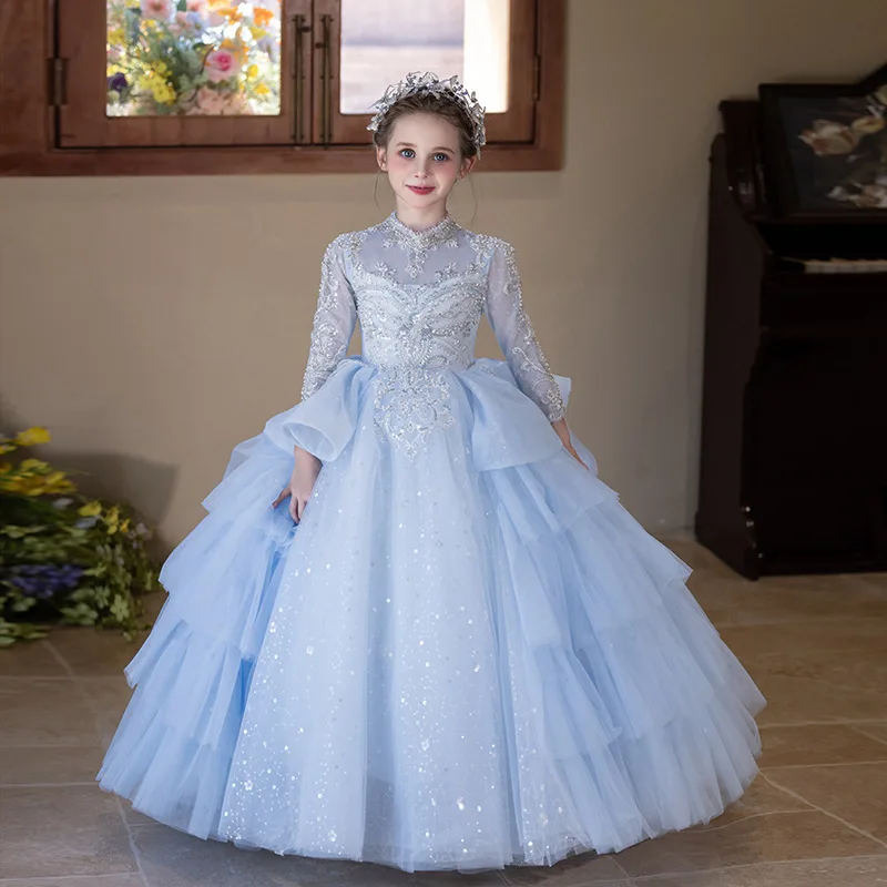 

Blue Girls Evening Dress Birthday Party Princess Gown Piano Performance Gown Formal Celebration Kids Formal Eid Kids Clothing