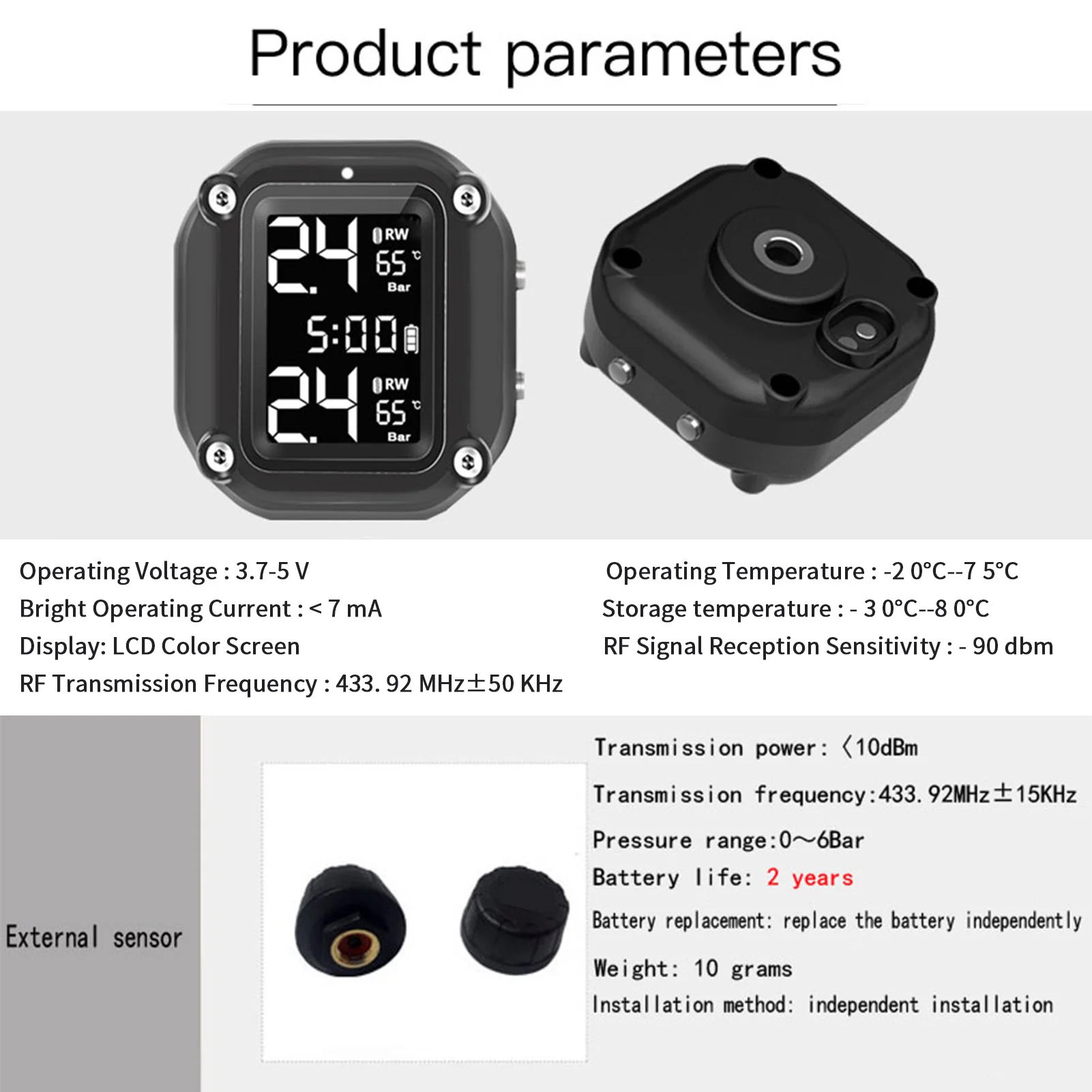 Motorcycle Wireless Tire Pressure Monitoring System USB Charging  TPMS for Motorcycle with 2 External Sensors Digital LCD