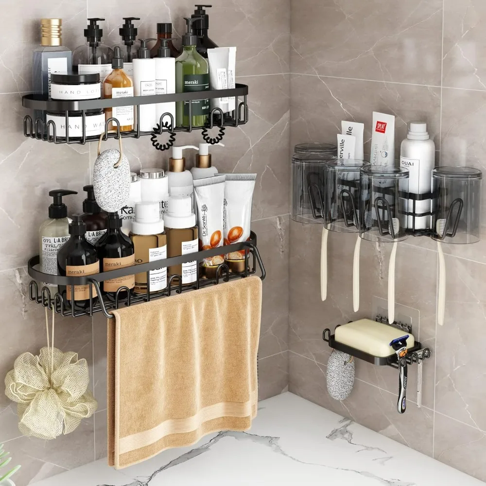 【4 Pack】 Shower Caddy Bathroom Shelf, No Drilling Traceless Adhesive Wall Mounted Bathroom Storage Organizer Basket with Hooks